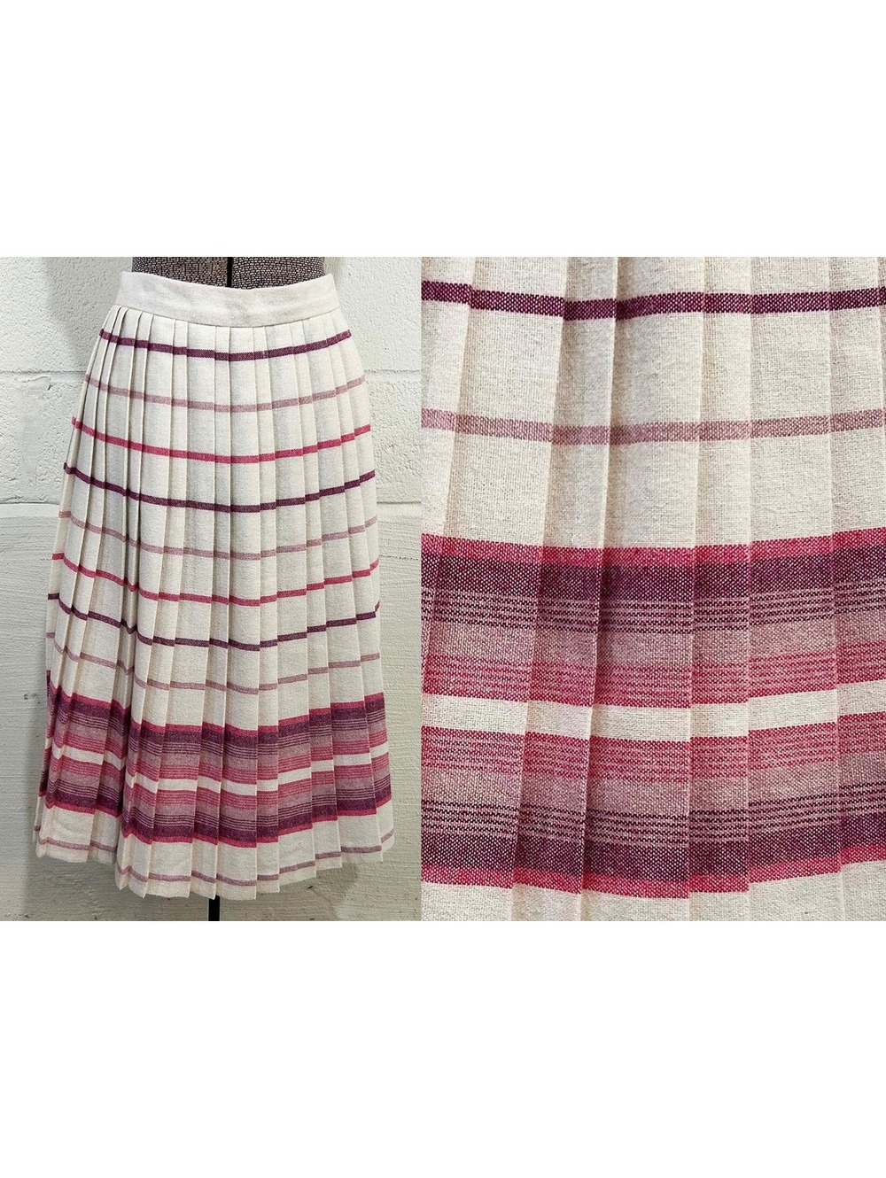 Vintage Pleated Wool Plaid Skirt Midi Haberdasher Pink White 1990s 1980s Medium